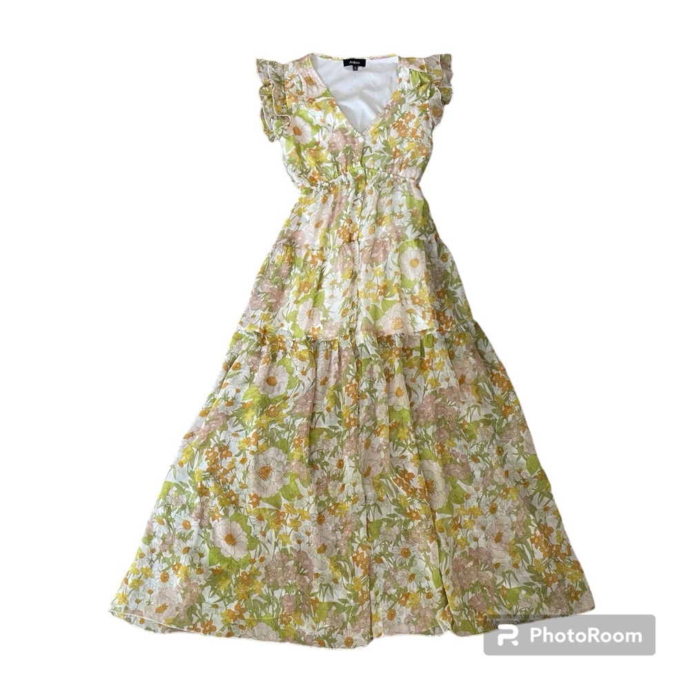 Aakaa Floral Ruffle Shoulder Tiered Maxi Dress